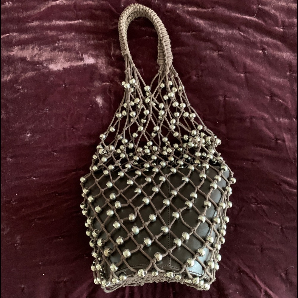 Beaded mesh bucket bag, mesh shopper